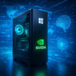NVIDIA-branded gaming PC with futuristic AI background