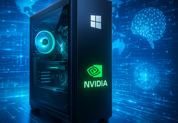 NVIDIA-branded gaming PC with futuristic AI background